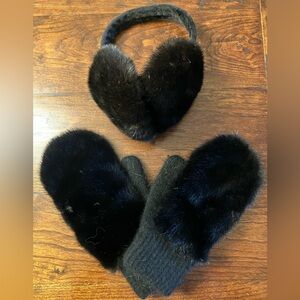 Real black mink fur mittens and earmuffs
